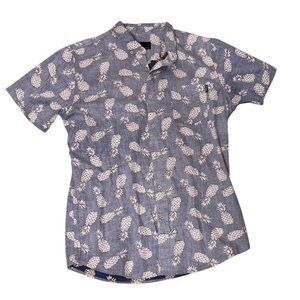 MOLOKAI SURF CO Blue Pineapple Reverse Print Hawaiian Shirt Shirttail Hem Sz L